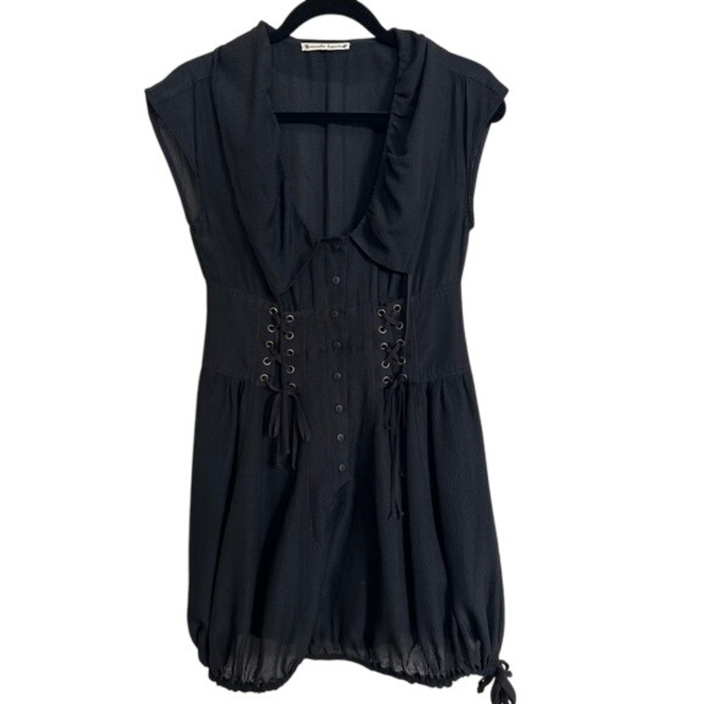 Y2K Nanette Lepore 100% Silk Black Corset Bubble Hem Dress Designer Vtg